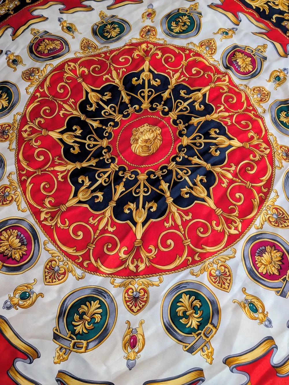Vintage Japanese Silk Scarf Baroque Lion Medallion Red Gold 30x31